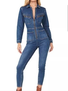 Free People Lennox Denim Boiler Jumpsuit Zip Front Utility One Piece Blue Size S